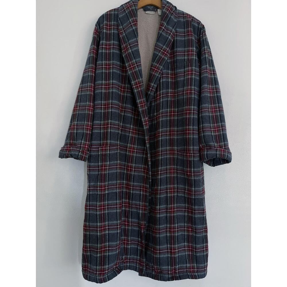 L.L.Bean Robe Men S Gray Plaid Flannel Sherpa Lined Long Sleeve Missing Belt